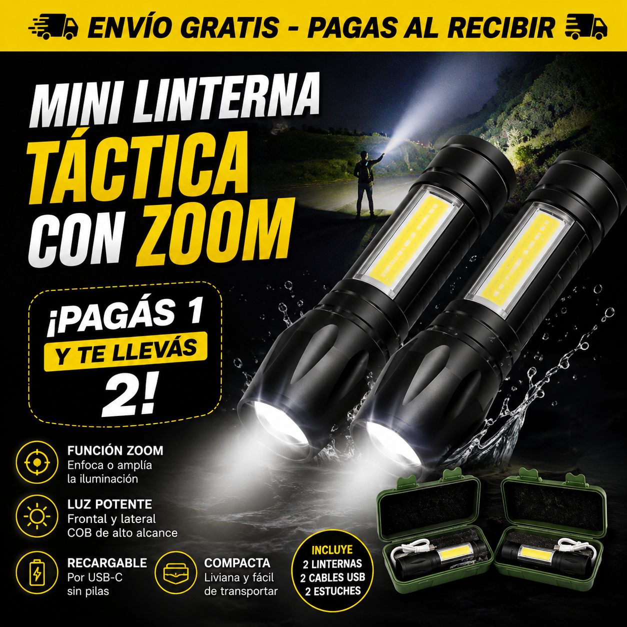 Mini Linterna Recargable con Zoom ¡Pagá 1 y Lleváte 2!