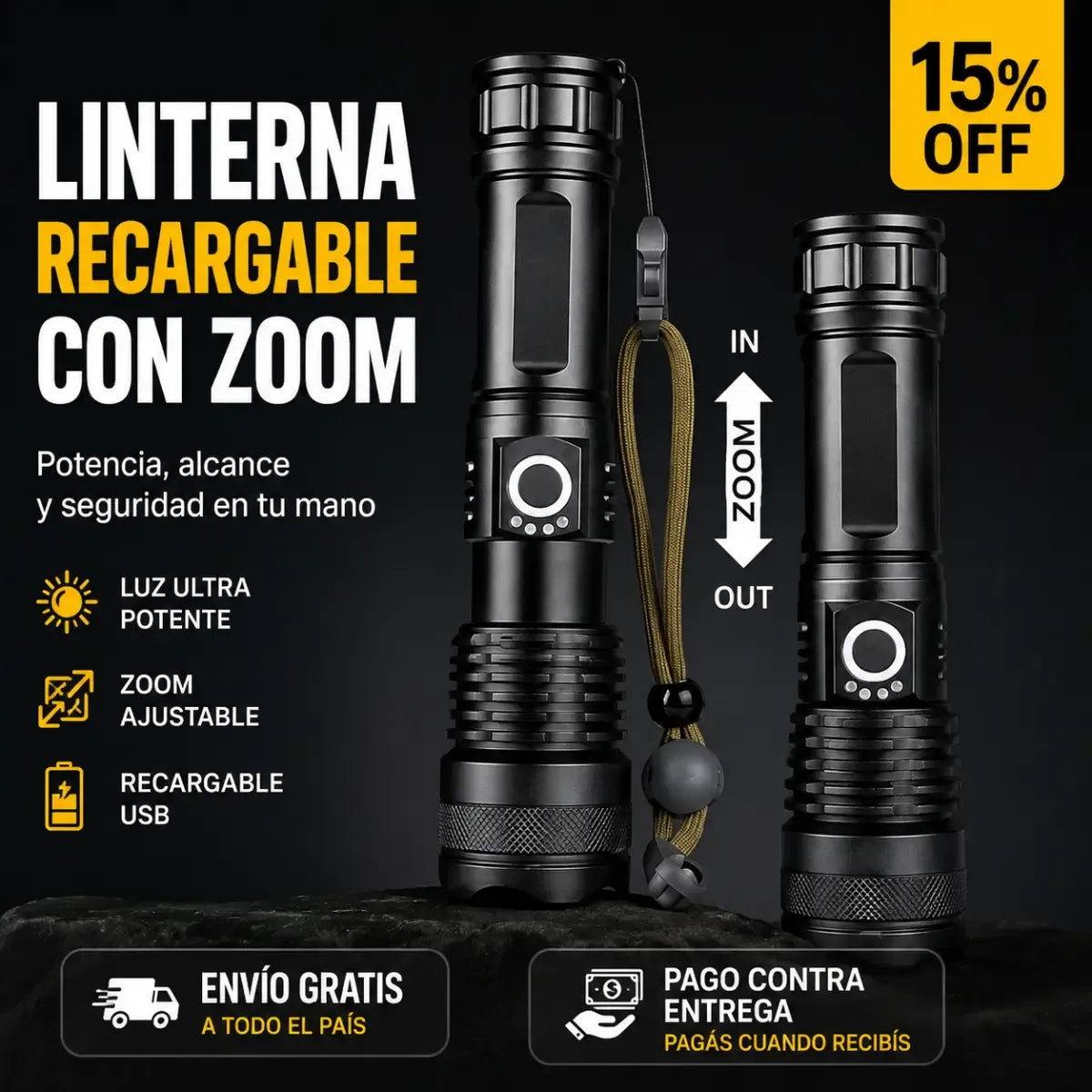 LINTERNA POTENTE CON ZOOM | ¡Alumbra como si Fuera de Día!