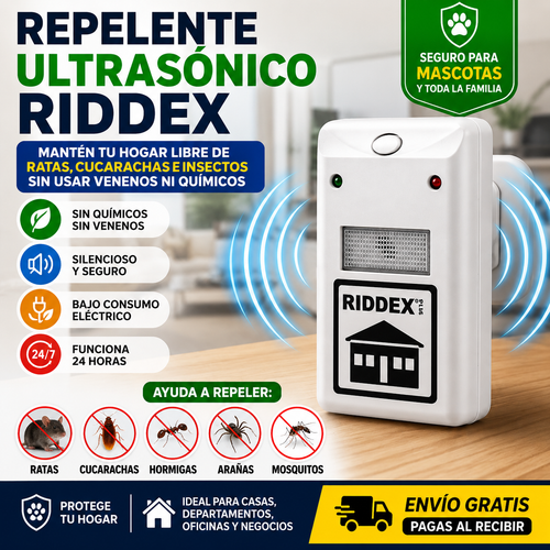 Repelente Ultrasónico Riddex – silencioso, sin veneno y seguro para mascotas y chicos